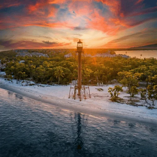Aerial view of Sanibel Island lighthouse at sunset