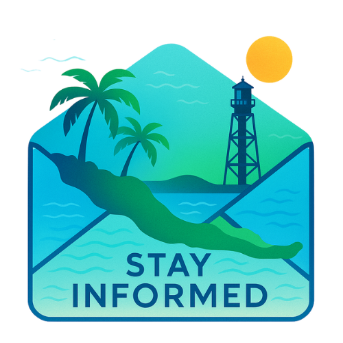 Sanibel Newsletter graphic featuring lighthouse and palm trees encouraging residents to stay informed about hurricane recovery progress